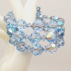 Vintage 1950s Light Blue Crystal Aurora Borealis Memory Wire Bracelet